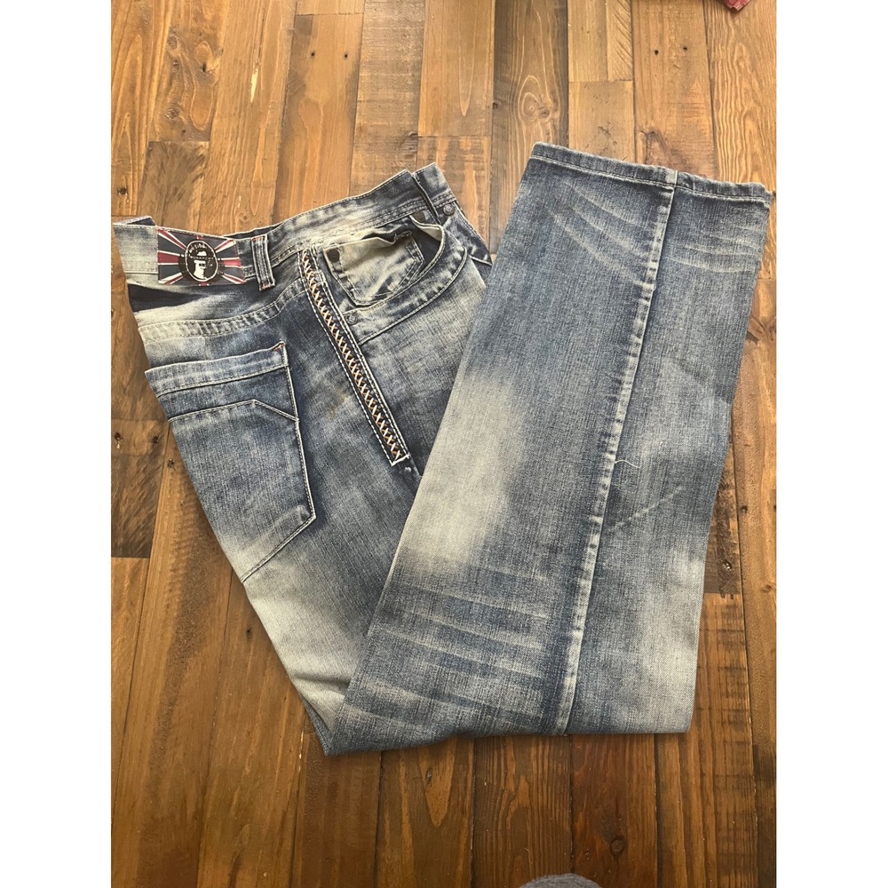 MONARCHY Jeans Premium Denim Y2K Streetwear Mens 40x33 Blue Faded Distressed